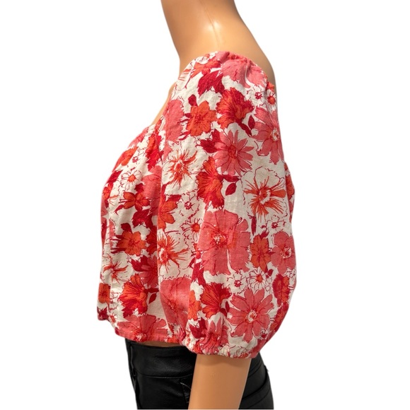 LUCKY BRAND NWT Floral Linen Blend Short Puff Sleeve Crop Top Red White Large - Picture 5 of 9